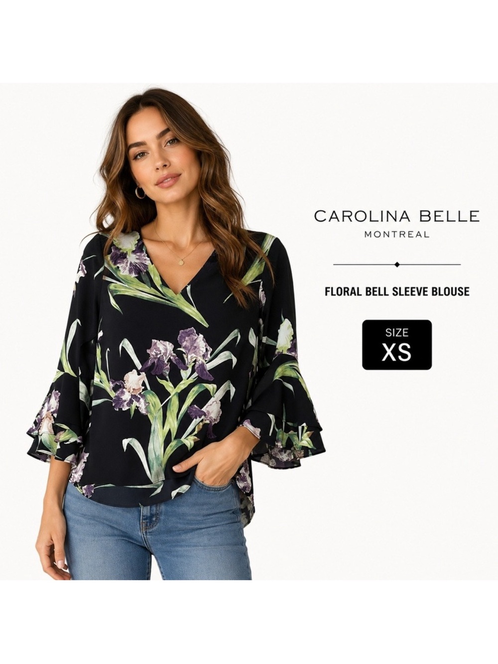 Carolina Belle Black Floral V-Neck Bell Sleeve Blouse